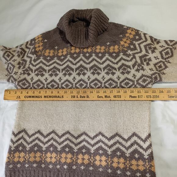 Becool Women's Fair Isle  M/L Cream/Taupe Cowl Neck Ski Style Tunic Sweater - Picture 9 of 12